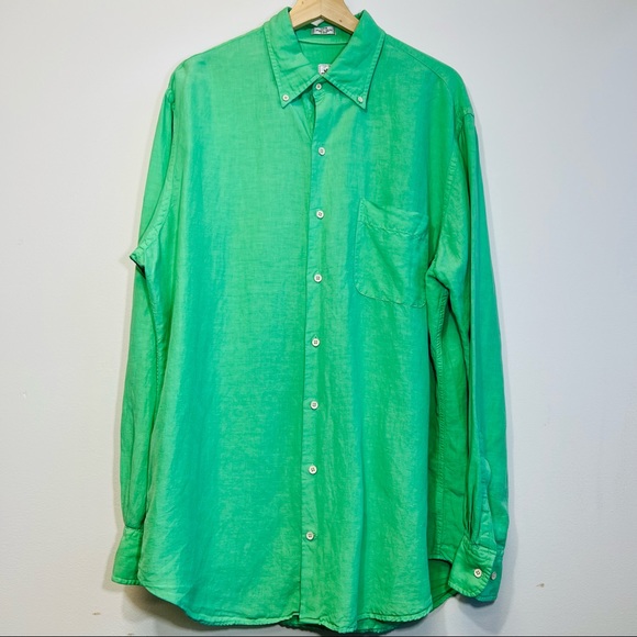 Peter Millar Other - PETER MILLAR Mens Kelly Green Silk & Linen Long Sleeve Button Shirt Size LARGE